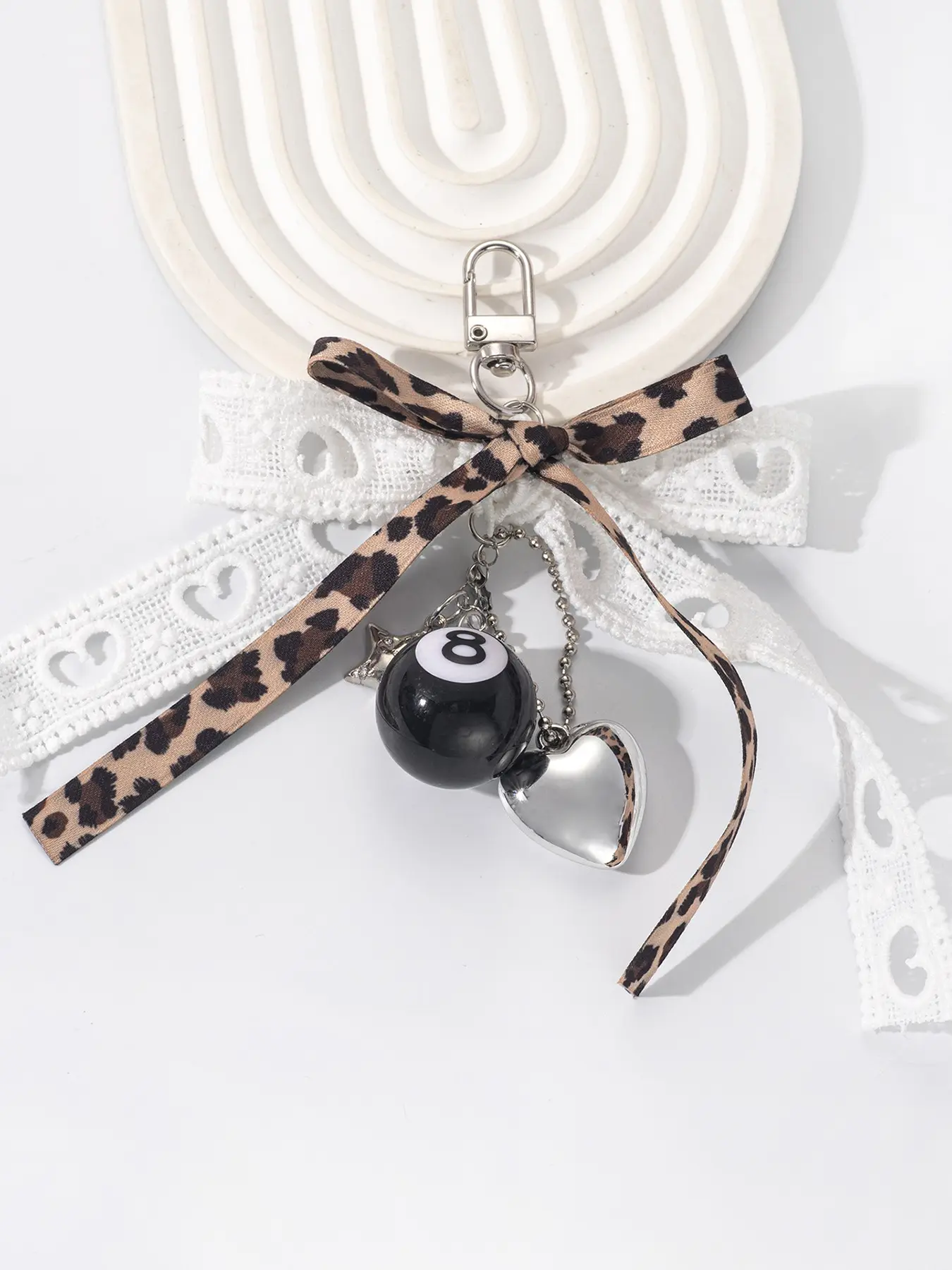 Small niche design retro leopard print billiards pendant, leopard print ribbon bow, lace ribbon, black 8 billiards+silver heart, bag/key universal, Keychain for bags, Charms, Bag Charm Keychain