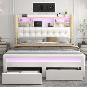 SIBEDS Queen Upholstered Bed Frame with LED Bookcase Headboard, Drawers, Charging Ports, and Tufted Wingback Design for Bedroom,White/Black/Cream/Gray