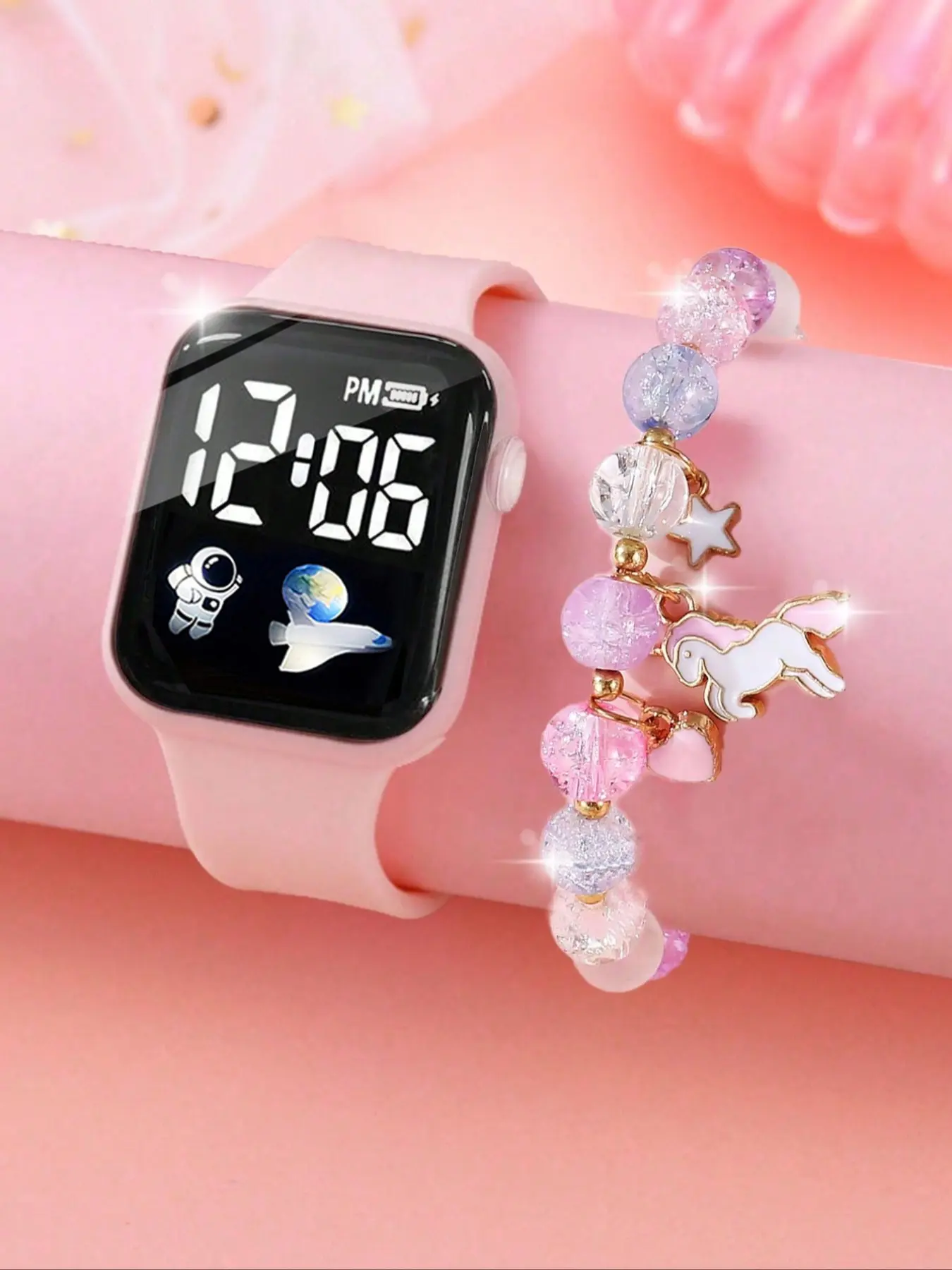 2pcs Silicone LED Casual Watch Wristwatch & Unicorn Beaded Bracelet Set, Astronaut Design, Perfect Gift for Halloween, Birthday, Thanksgiving