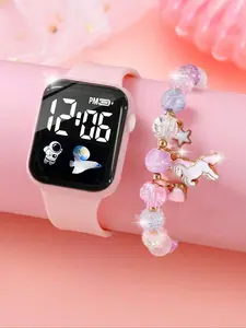 2pcs Silicone LED Watch Wristwatch & Unicorn Beaded Bracelet Set, Astronaut Design, Perfect Gift for Halloween, Birthday, Thanksgiving