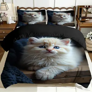 2/3 Pcs Comfortable And Cute Kitten Quilt Cover Set, Soft And Breathable, 100% Polyester Fiber High-Definition Digital Printing Design, All-Season Home Gift, Machine Washable (1 Quilt Cover +1/2 Pillowcase, No Filling)