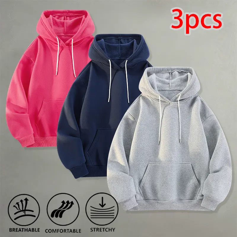 Men's Oversized Hoodie 3 Pack Solid Color Pullover Sweatshirt With Kangaroo Pocket Daily Walking Gym Outfit