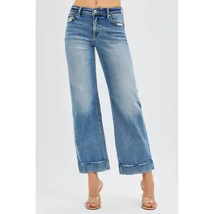 RISEN JEANS Women's Chic Mid-Rise Crop Straight Cotton Spandex Basic Pants with Cuffed Hems