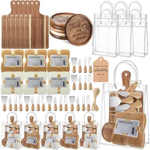 55 Pcs Baby Shower Prizes for Winners 6 Sets Guest Gifts for Adult with Cheese Board Cheese Knives Wooden Coasters Towels Thank You Tags Bag for Wedding Bridal (Acacia Wood)
