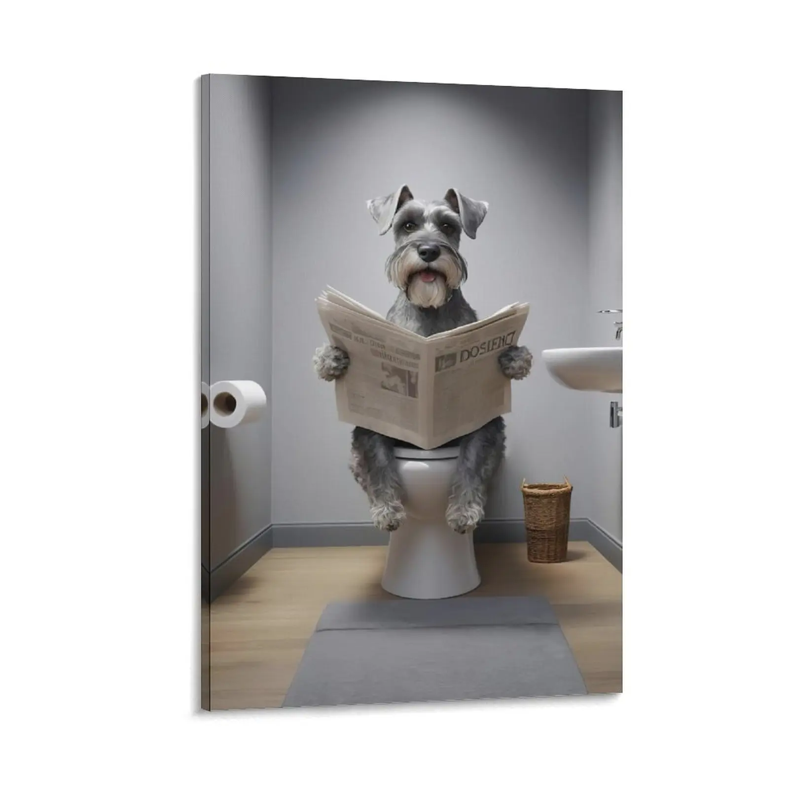 Cute Schnauzer Dog on Toilet Reading Newspaper Wall Art Funny Bathroom Decor with Whimsical Dog Picture for Bathroom Walls And Animal Lovers. Canvas Poster Bedroom Decor Sports Landscape Gift Ornaments Artistic Decoration Print Photo