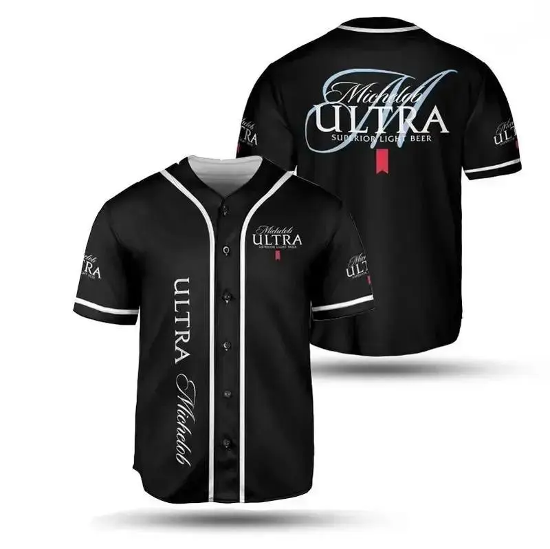 Full Print All Black Michelob Ultra Superior Light Beer Baseball Jersey US Fresh Beer Jersey Shirt Gift For Friends Drinking Present for Buddies Daddy