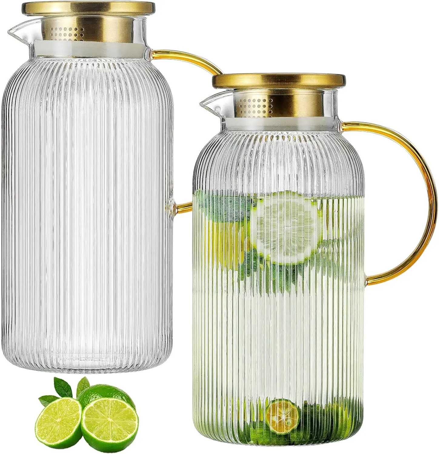 2 PACK Glass Pitcher with Lid, 68 oz/ 2 Liter Classic Vertical Stripes Water Pitcher with Handle,Glass Water Carafe for Cold Brew, Coffee, Lemonade, Iced Sun Tea,Beverage,Heat Resistant