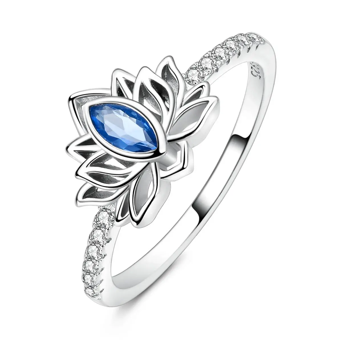 NARMO 925 silver plated lotus ring with blue crystal, exquisite birthstone jewelry for girls, natural style floral gift for birthdays, Christmas, anniversaries, Birthstone Rings, Crystal Rings