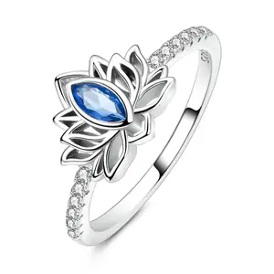 NARMO 925 silver plated lotus ring with blue crystal, exquisite birthstone jewelry for girls, natural style floral gift for birthdays, Christmas, anniversaries