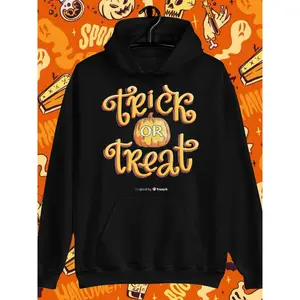 s & 's Black Halloween Hoodie with Golden 'Trick or Treat' Lettering & Candy Icons - Soft Warm Sweatshirt for Costume Parties, Trick-or-Treating, Fall Winter Casual Wear, Machine Washable Unisex Hooded Sweater
