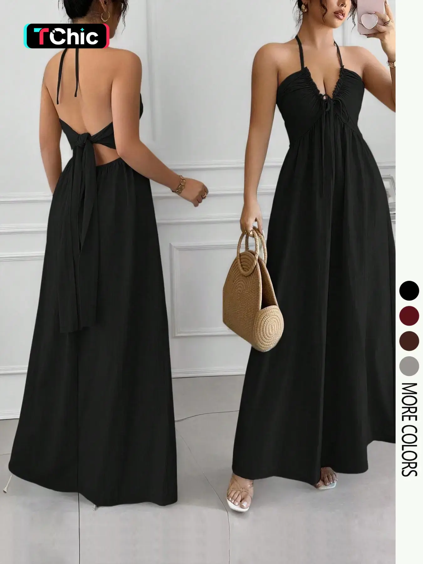 Women's Solid Color Backless A-Line Halter Strap Casual Sundress with Tie-Up Drawstring Details, Summer Long Dress
