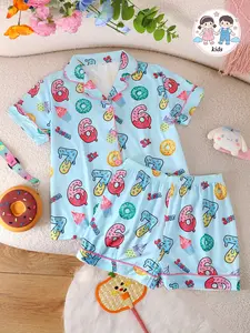 2-Piece Kids Fire-Resistant Pajama Set, Short Sleeve Button Front Jacket & Shorts, Casual Ice Cream Pattern, All Seasons, Unisex