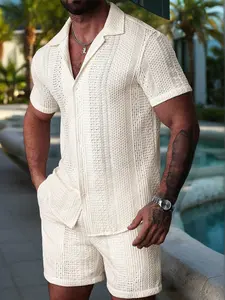 Men 2 piece sets - Men's Casual Summer Shirt & Shorts Set, Front Button Hollow Design for Vacation spring and summer clothes vacation clothes summer men clothes vacation outfit summer outfits male clothes male clothing men shorts men’s clothing Menswear