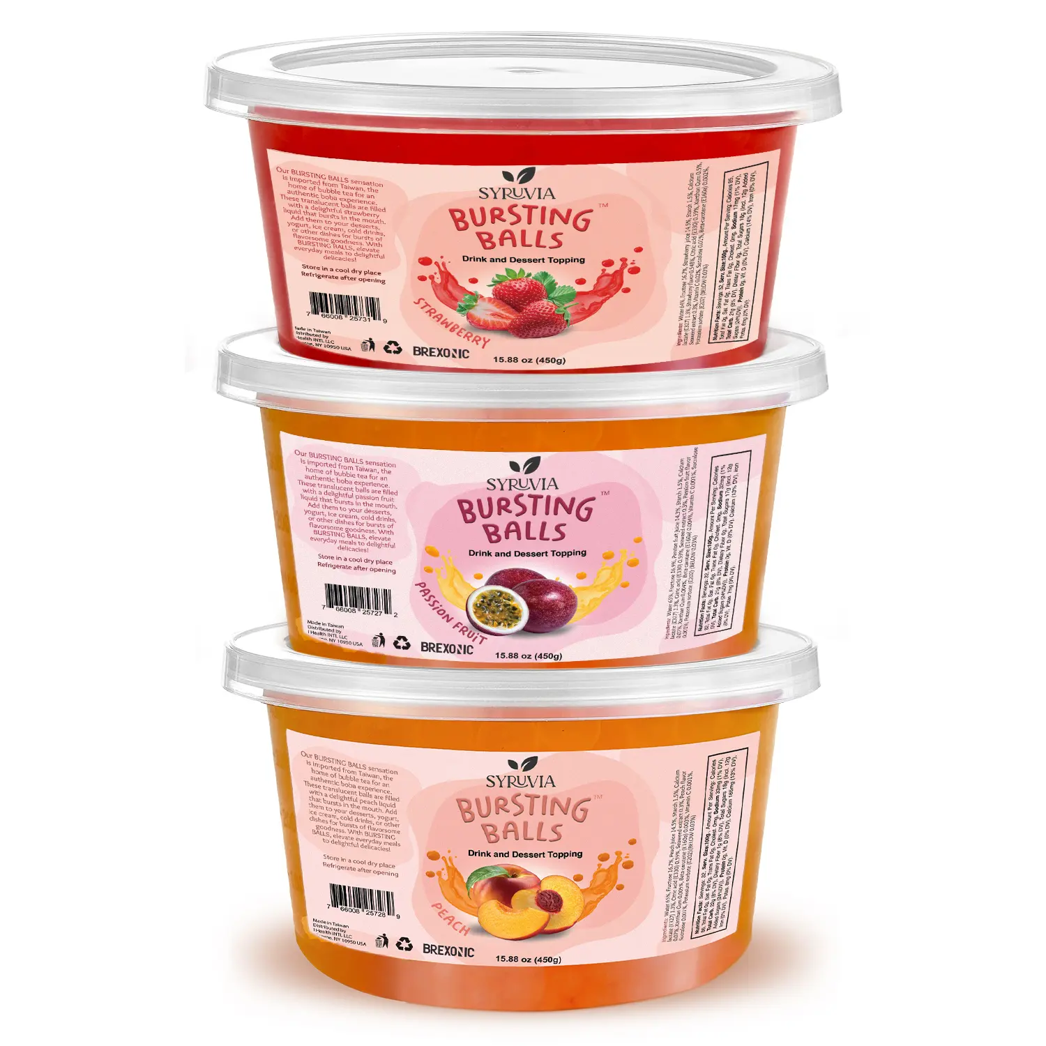 3 Flavors Popping Boba Pearls – Strawberry, Passion Fruit and Peach Bursting Tea Balls for Drinks & Desserts, 1LB Pack of 3, Flavored Bubble Tea Pearls