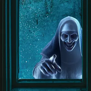 Halloween Zombie Nun Window Sticker, Horror Expression Blue Design, Perfect for Halloween Party Decor, Home Kitchen Room Indoor Party