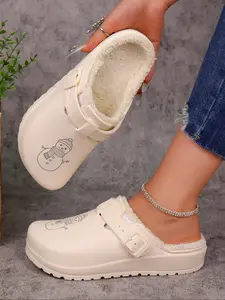 Women's Christmas Eva Non-Slip Shoes, House Slippers, Adjustable Buckle Strap, Snowman Pattern, Warm Faux Fur Lining, Durable Winter Footwear