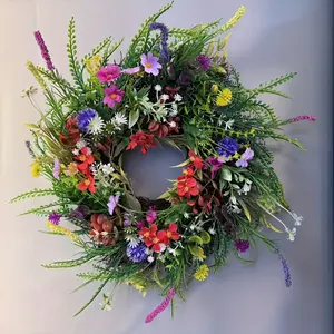 Multicolor Wildflower Decorative Wreath, 17.7 Inch Spring Floral Door Hanging Decor, All-Year Outdoor Decoration, Artificial Flowers for Front Door