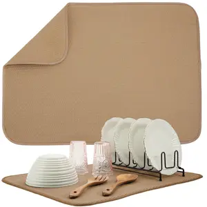 S&T INC. Dish Drying Mat XL, 18” x 24”, Absorbent Microfiber Kitchen Counter Mat, Drying Pad for Dishes, Utensils, Pots and Pans, Extra Large, Diamond Texture, Almond