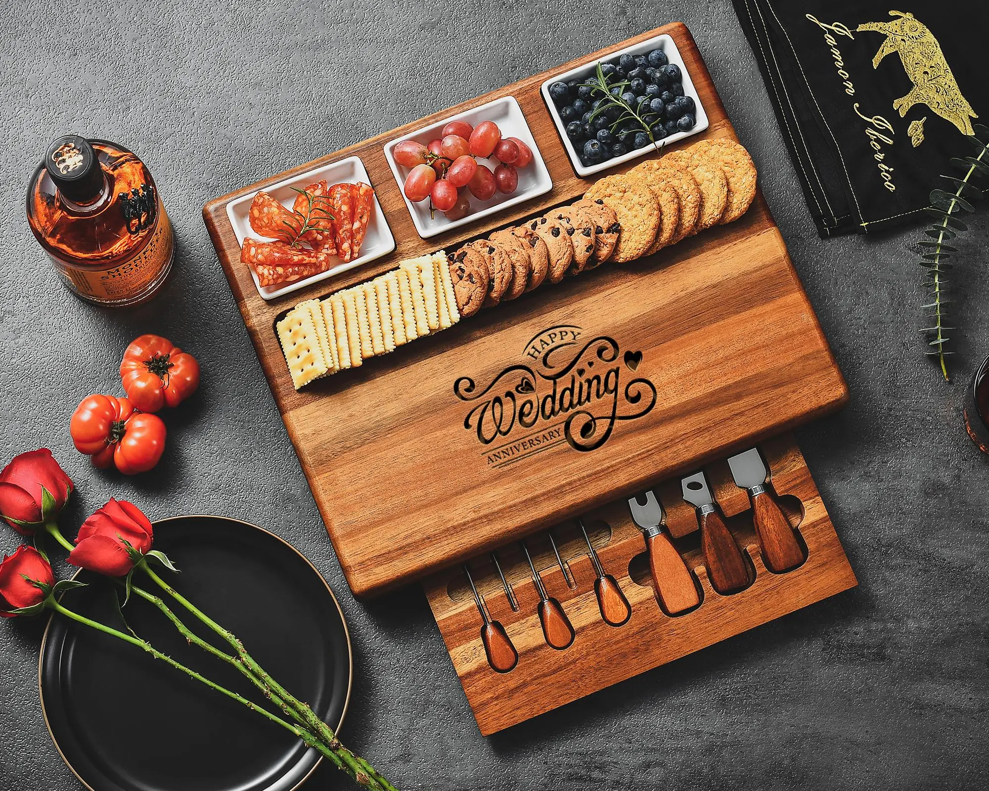 Personalized Charcuterie Board with 3 Bowls, Serving Utensils & Appetizer Picks, Grazing Platter, Custom Engraved Cutting Board Wedding Gift