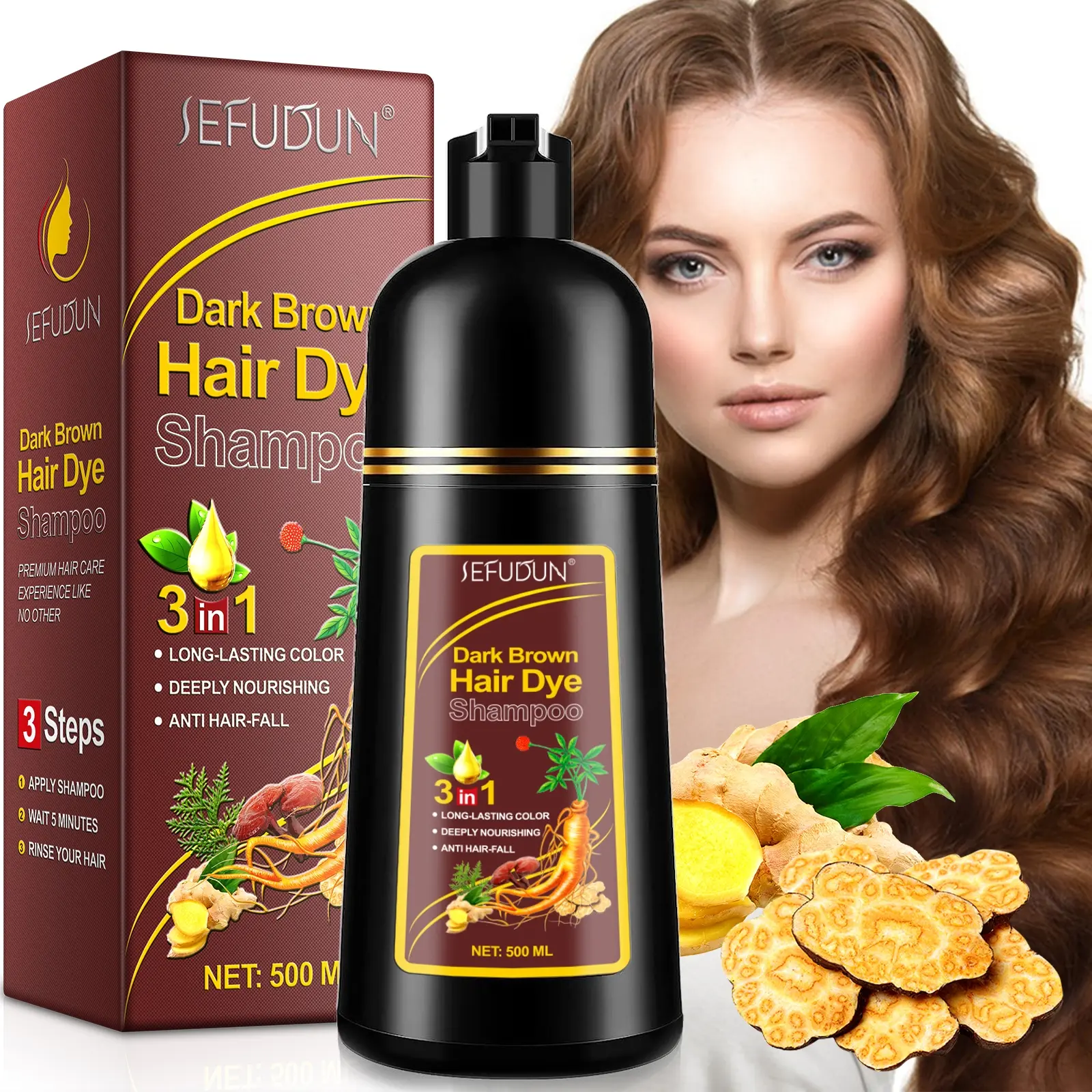 Sefudun 3in1 Hair Dye Shampoo 500ML for Hair Cleansing, Care and Coloring, Available in and, Suitable for Men and Women, Herbal Shampoo Dye, Haircare Product