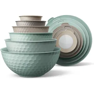 Lidded Mixing Bowls - 12-piece plastic stackable bowl set, including 6 prep bowls and 6 lids, suitable for microwave use, with mint embossing