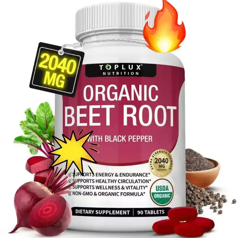 Toplux Organic Beet Root Powder Tablets - 2040mg Natural Nitric Oxide Beets to Support, Energy, Black Pepper Better Absorption, Non-GMO, for Men Women, 90 Tablets