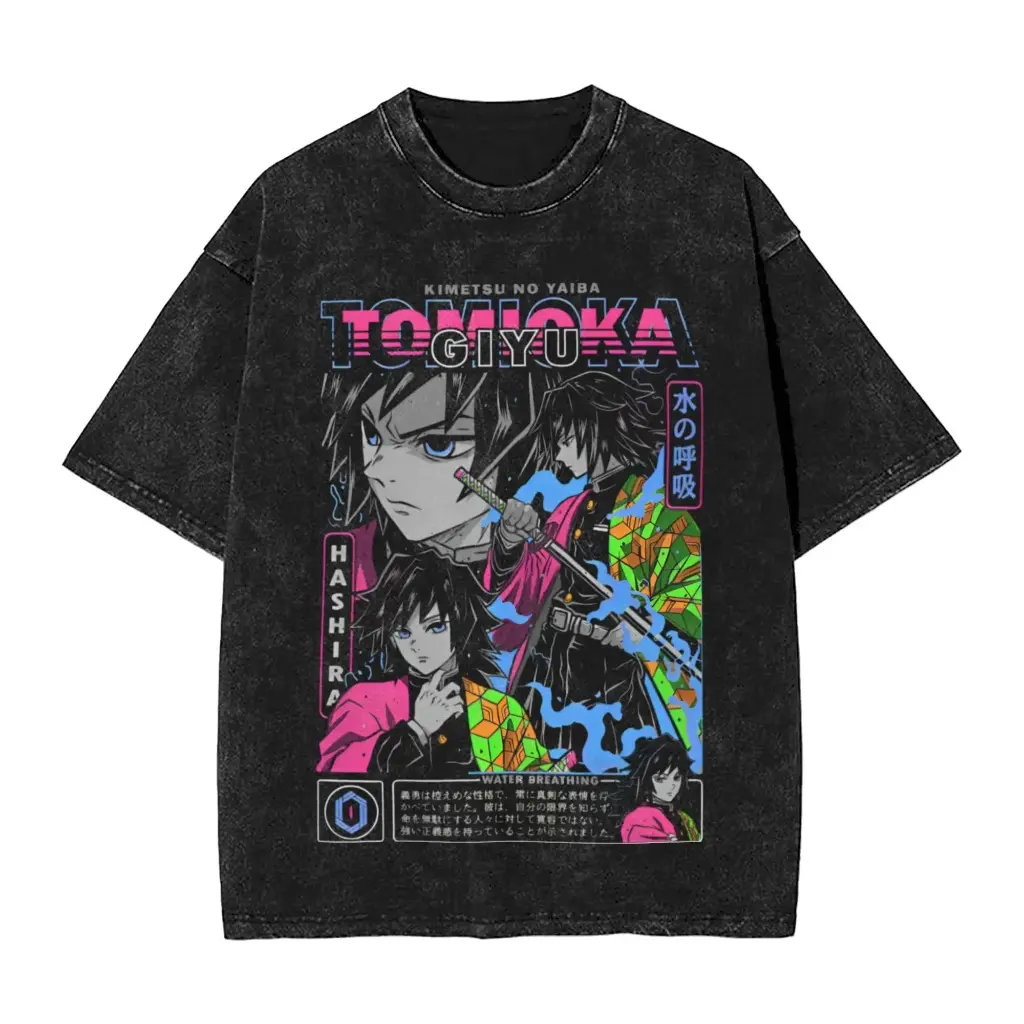 valentine shirts Demon Slayer Anime Tomioka Giyuu Peripheral Washed T-shirt Summer Men's and Women's Y2K Loose Casual Harajuku Short Sleeved TopVintage Acid Wash Water Hashira Anime Graphic T-Shirt, Tomioka Giyu Inspired Oversized Streetwear Tee, Retro D
