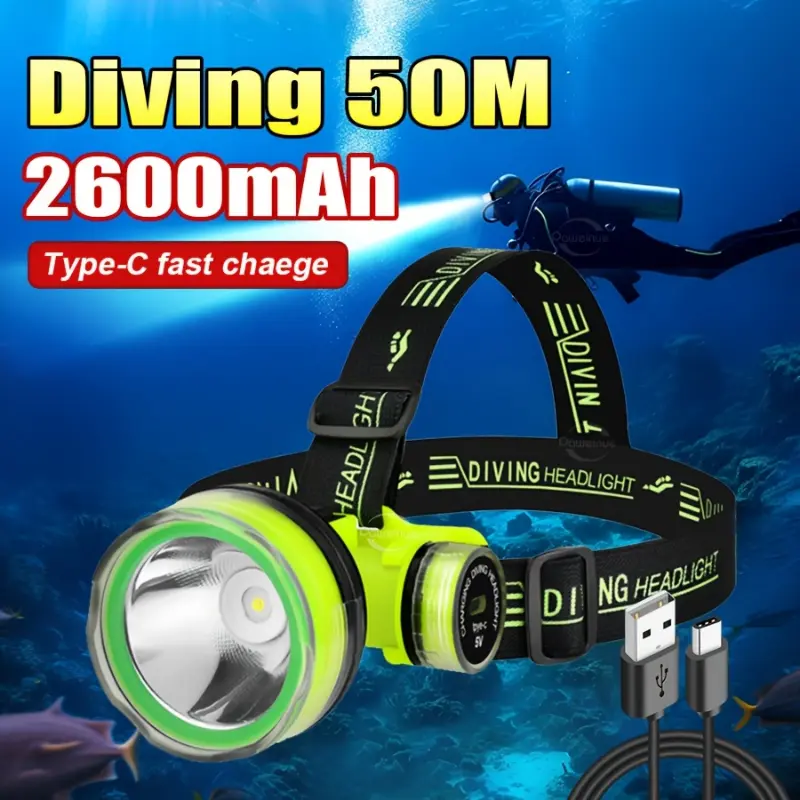 New Rechargeable Diving Headlamp - Head-Mounted Wear, High-Capacity Rechargeable Battery, Type-C Fast Charging, Super Bright Polished Finish Functional Underwater Dive Light, Functional Dive Light, Underwater Diving, Abs Plastic, High Brightness, Diving L