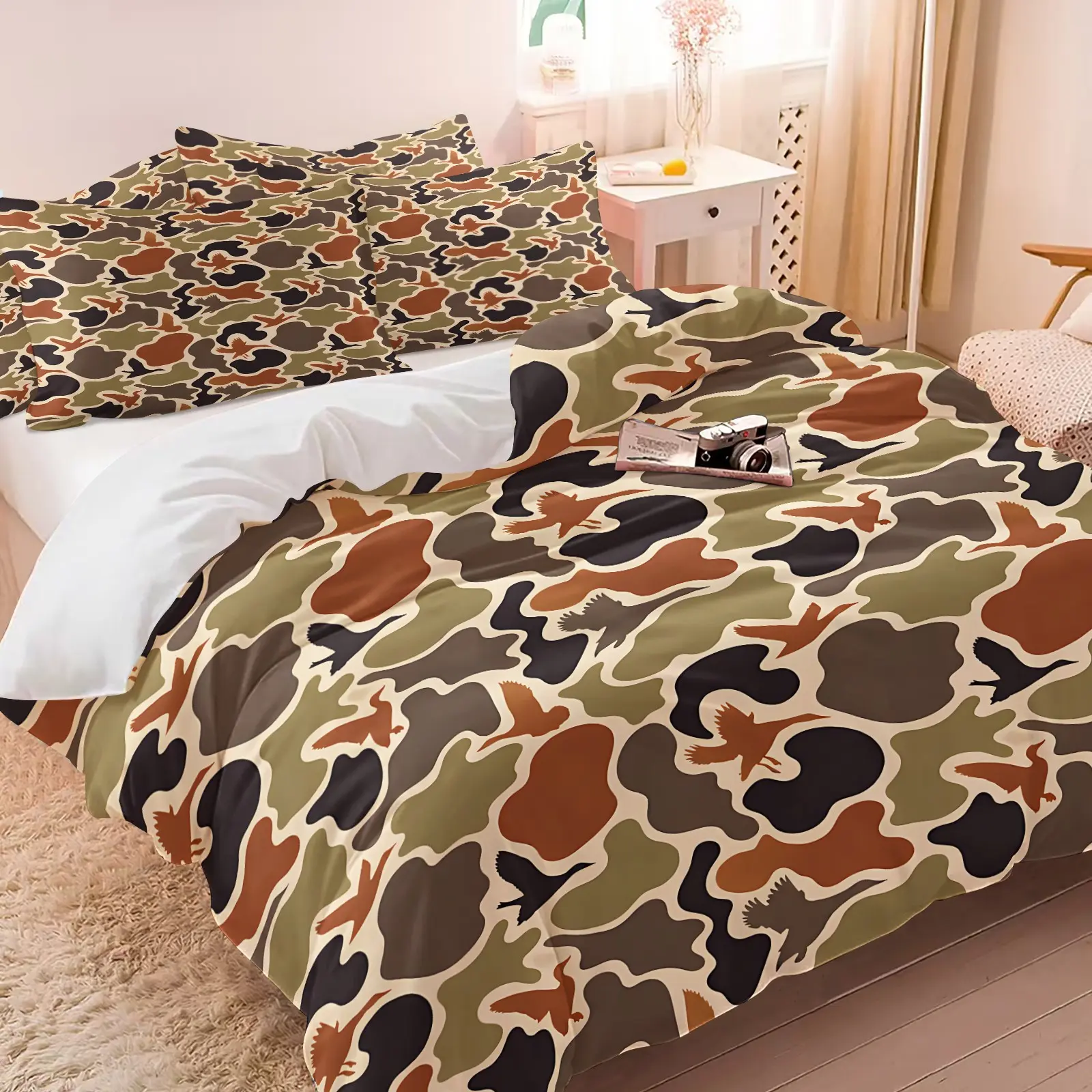 Duck Hunter Green Camouflage Hunting Comforter Set,Dark-colored Fashion Duvet Cover,Camo Army Bedding Set,Breathable Wild Duvet Set Bedroom,Decorative Duvet Cover