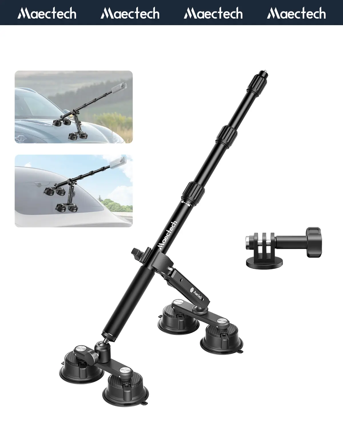Maectech 4-Suction-Cup Car Mount Pro Full Kit - 4-Point Support, Adjustable Double-Layer Suction Cup, Upgraded Thick Selfie Stick, Clamp System, Plastic/Rubber/Alloy Build for Insta360 X5, GoPro Action Cameras with Manufacturer Warranty