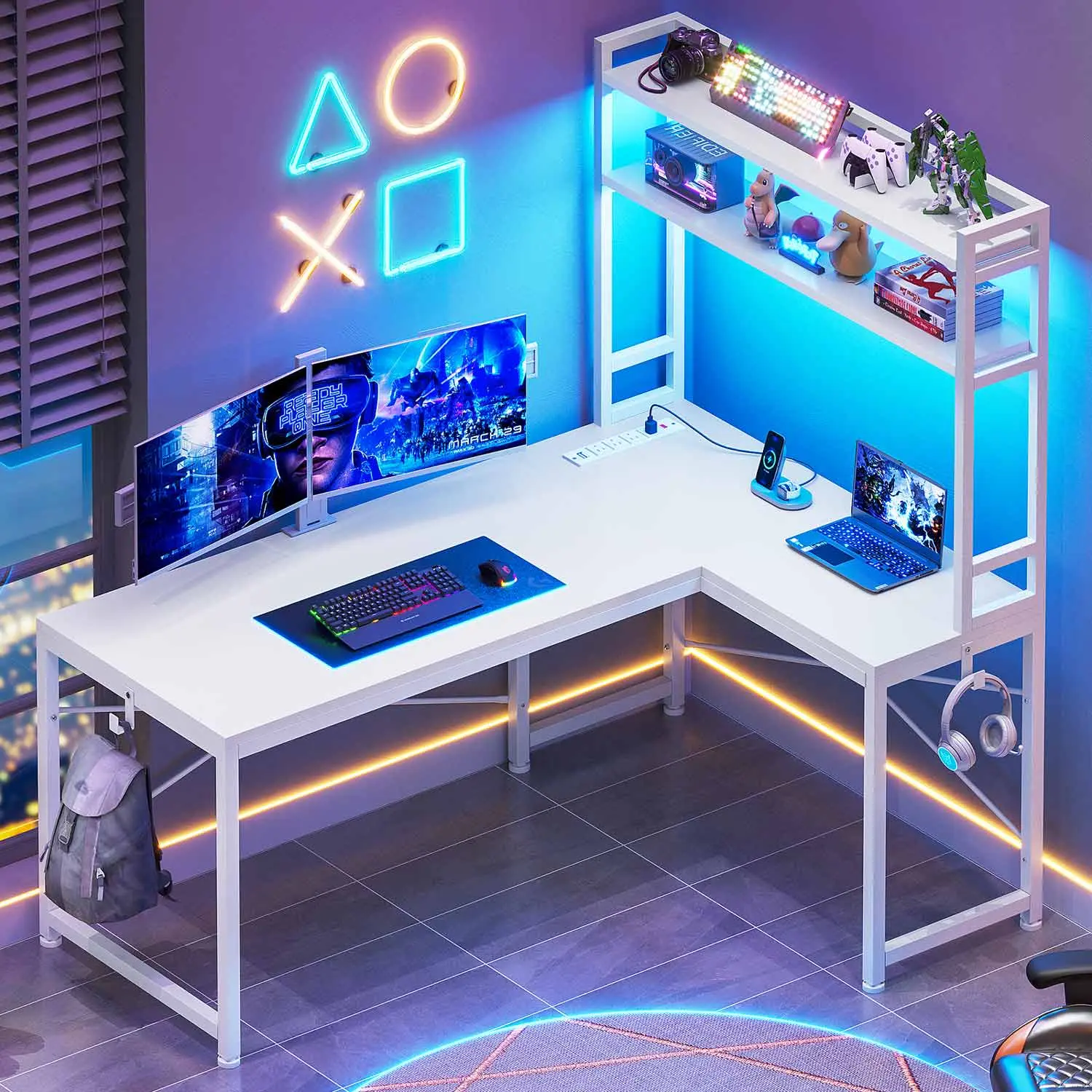 Sedeta Adjustable Corner Computer Desk - 45.3x18.5in L-Shaped Reversible Commercial Office & Apartment Furniture, Compact Modular Multi-Function Workstation with Storage Shelves, Monitor Riser, Waterproof Organizer, Monitor Riser Desks