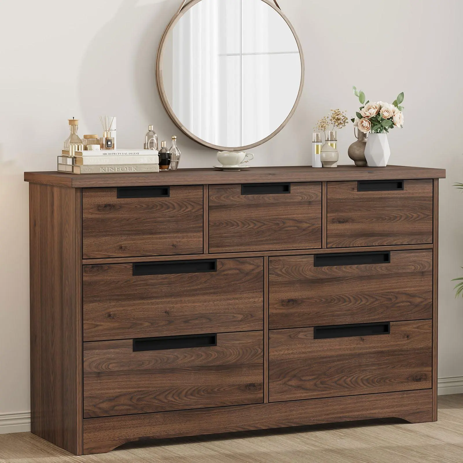Garvee 7 Drawer Dresser for Bedroom, 55in Wide Modern Chest of Drawers Closet with Built-in Handles Design, Wooden Dresser Organizer for Living Room, Nursery, Hallway - Walnut