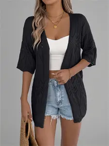 Women's Solid Open Front Sweater Cardigan without Bottom, Casual 3/4 Sleeve Loose Fit Knitwear for All Seasons, Fashion Women's Knit Clothing for Daily Wear