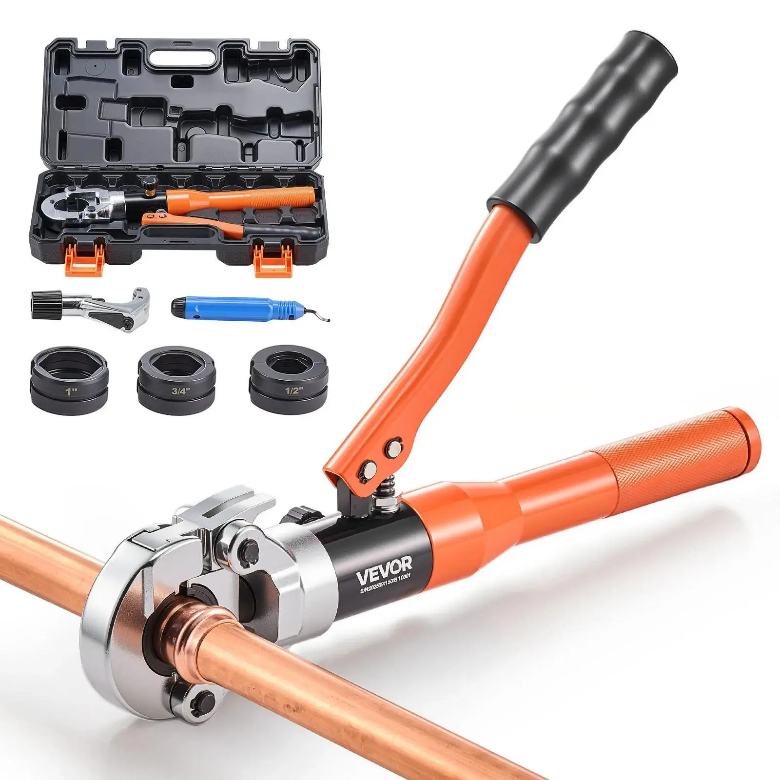 【summerfinds】VEVOR Copper Pipe Crimping ToolHydraulic Driven Pro Press Tools and Gadgets with 1/2"3/4"1" JawsCopper Tube Fittings Crimper for Narrow Spaces & Tee Fittings - Pipe Cutter & Carrying Case Included, Cut Pipe Cutters