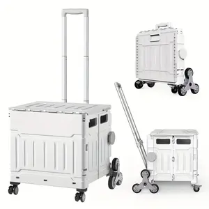 75L Capacity Foldable Utility Cart - Stair Climbing Wheels, Collapsible Rolling Crate With Magnetic Lid, Telescopic Cover, Adjustable Handle, 360° Rotate Wheel Hand Cart For Teachers, Shoppers, Movers, Outdoors - Durable, Space-Saving ( Light Gray )
