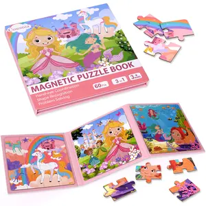 Cosomia Reusable 3-Sided Magnetic Puzzle Children's Educational Book, 2-6 Year Olds' Preschool Learning Book, Quiet Travel Activity Toy with Princess, Unicorn & Sticker Packs, Kids' Gift