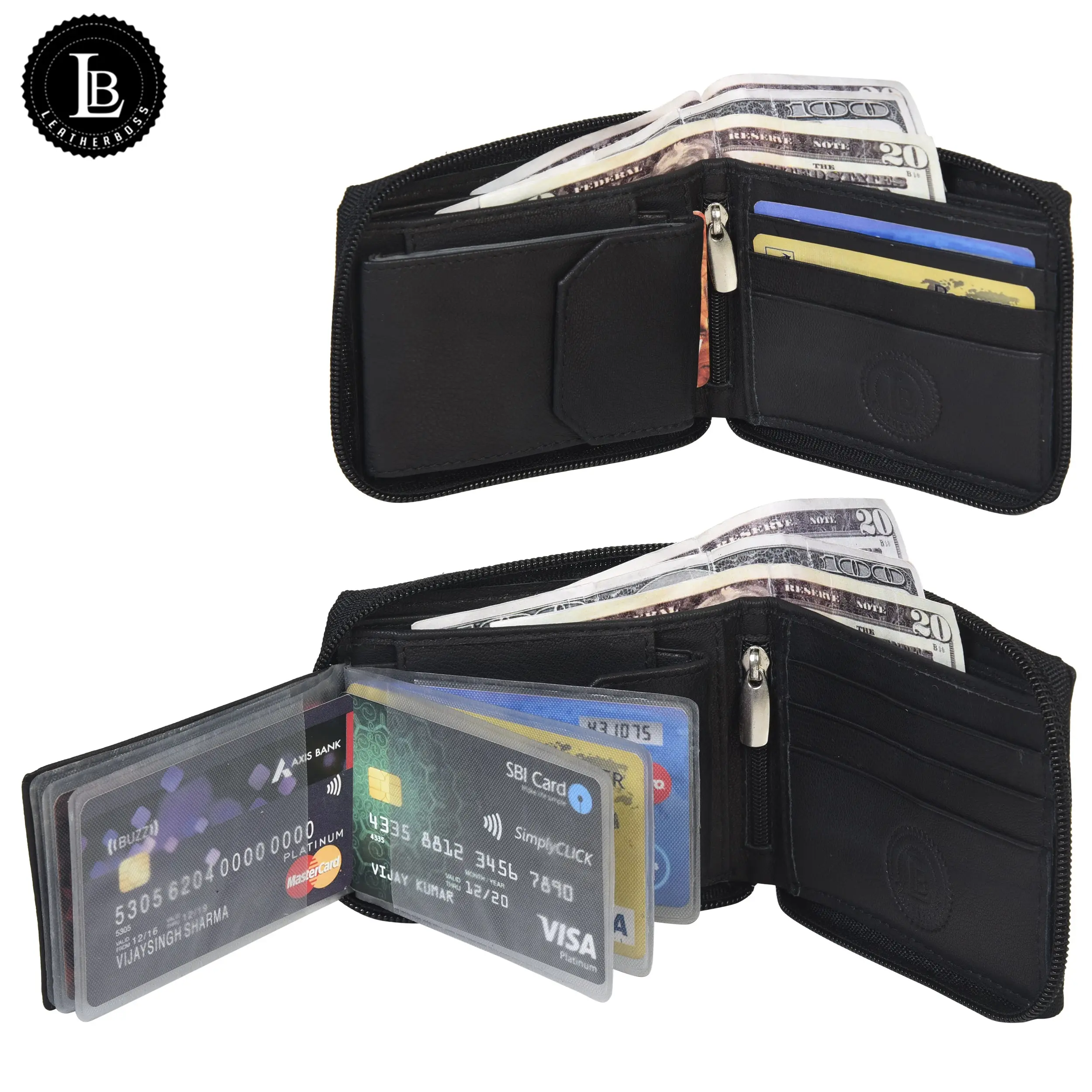 Leatherboss Mens Bifold Wallet - Zipper-Around Leather Billfold, Secure, Multi-Pocket, Compartmentalized Fold-Over Mens Wallet, Bifold Wallets