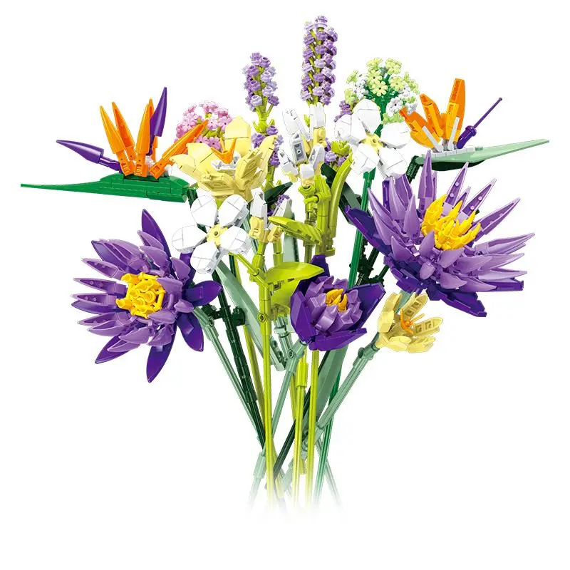 Colorful mini building block bouquet kit, DIY rose and lavender flower arrangement, creative home decoration educational toys, ideal gift for girlfriends, Artificial flower arrangements
