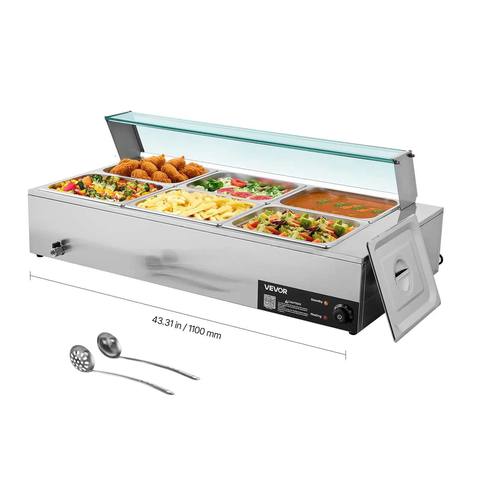 VEVOR Commercial Food Warmer, 1500W Fast Heating Electric Stainless Steel Steam Warmer with Glass Cover, 6 Pans (6 x 1/2-Size), Long-Lasting Build Buffet Bain Marie, Smart Stop Feature, Soup & Perforated Ladles for Catering