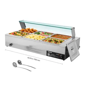VEVOR M-2223 Commercial Food Warmer, 1500W Electric Stainless Steel Fast Even Heating Steam Warmer with Glass Cover, 6x1/2 Size Pans Large Space Combo Buffet Bain Marie, Long-Lasting Build with Smart Stop Feature, Soup & Perforated Ladles for Catering