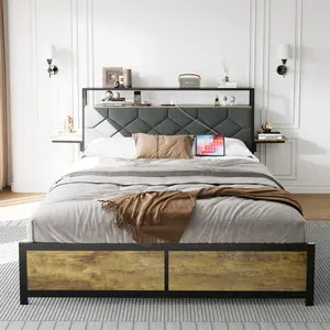 Queen Size Platform Bed Frame with RGB LED Lights,USB Port and Power Outlet, Metal Queen Bed Frame with  Upholstered Headboard Soft Backrest and Bedside Shelf, No Box Spring Needed, Rustic Brown