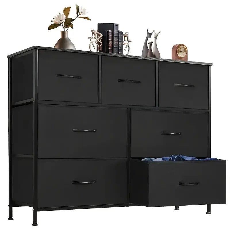 Modern 7-Drawer Durable Fabric+Steel Storage Dresser with Sliding Door, Wooden Top, Waterproof Bins, Adjustable Aluminium Frame, 45 in TV Stand - Assembly Required, Above 25 kg Weight Capacity Indoor Cabinet for Nursery, Entryway