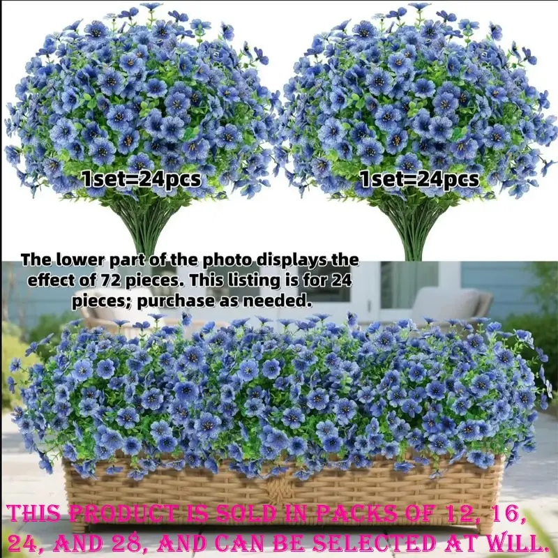12/16/24/28 bunches of artificial Plastic flowers and plants Decoration for outdoor use, including blue daisies and eucalyptus leaves. UV-resistant, ideal for decorating gardens, balconies, or porches