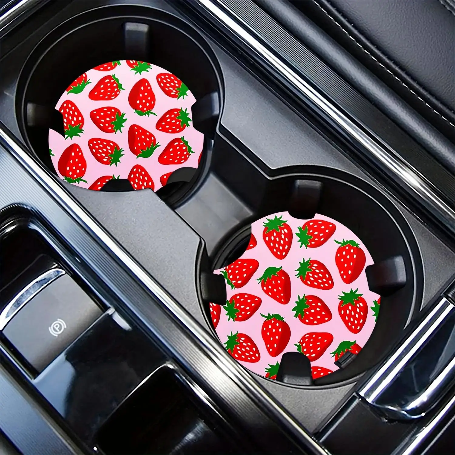 Cartoon Strawberry Pattern Car Coaster, Cute Non-slip Car Cup Holder Coasters, Universal Car Interior Decorative Accessories