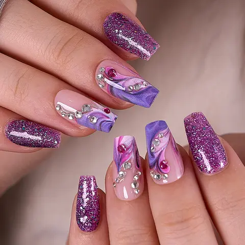 Violet Sparkle Press On Nails | CurvLife Nail | 30pcs Medium Coffin Fake Nails | Glossy Finish with Glittery Violet Swirls & Shimmering Tones | Easy to Apply, Comfortable & Long-Lasting | Great for Parties, Dances, Galas & Fashion Celebrations