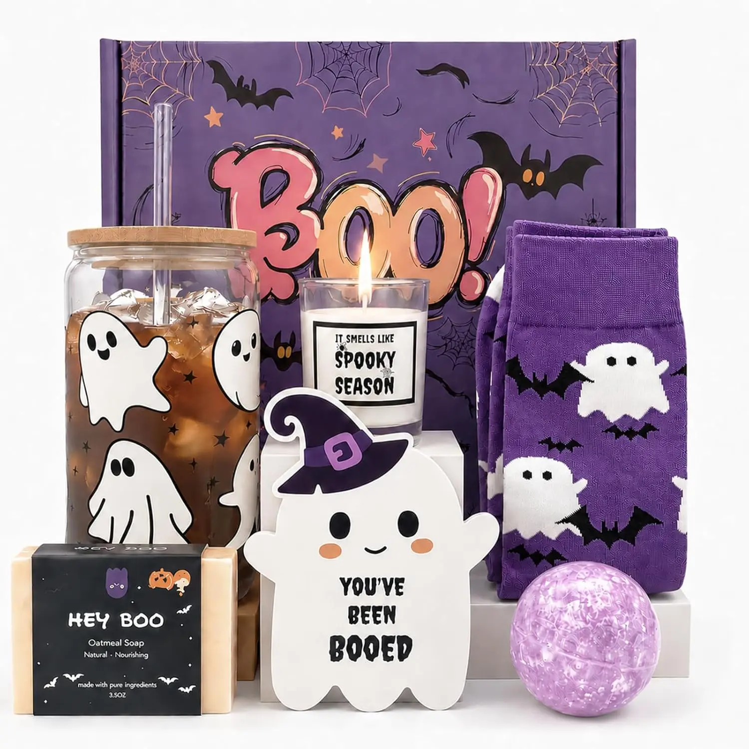 Halloween Fall Gift Boo Basket Stuffers for Women, Halloween Gifts for Women, Cute Halloween Boo Basket for Teens Girls Her Sister Friend Adults With Spooky Glass Cups