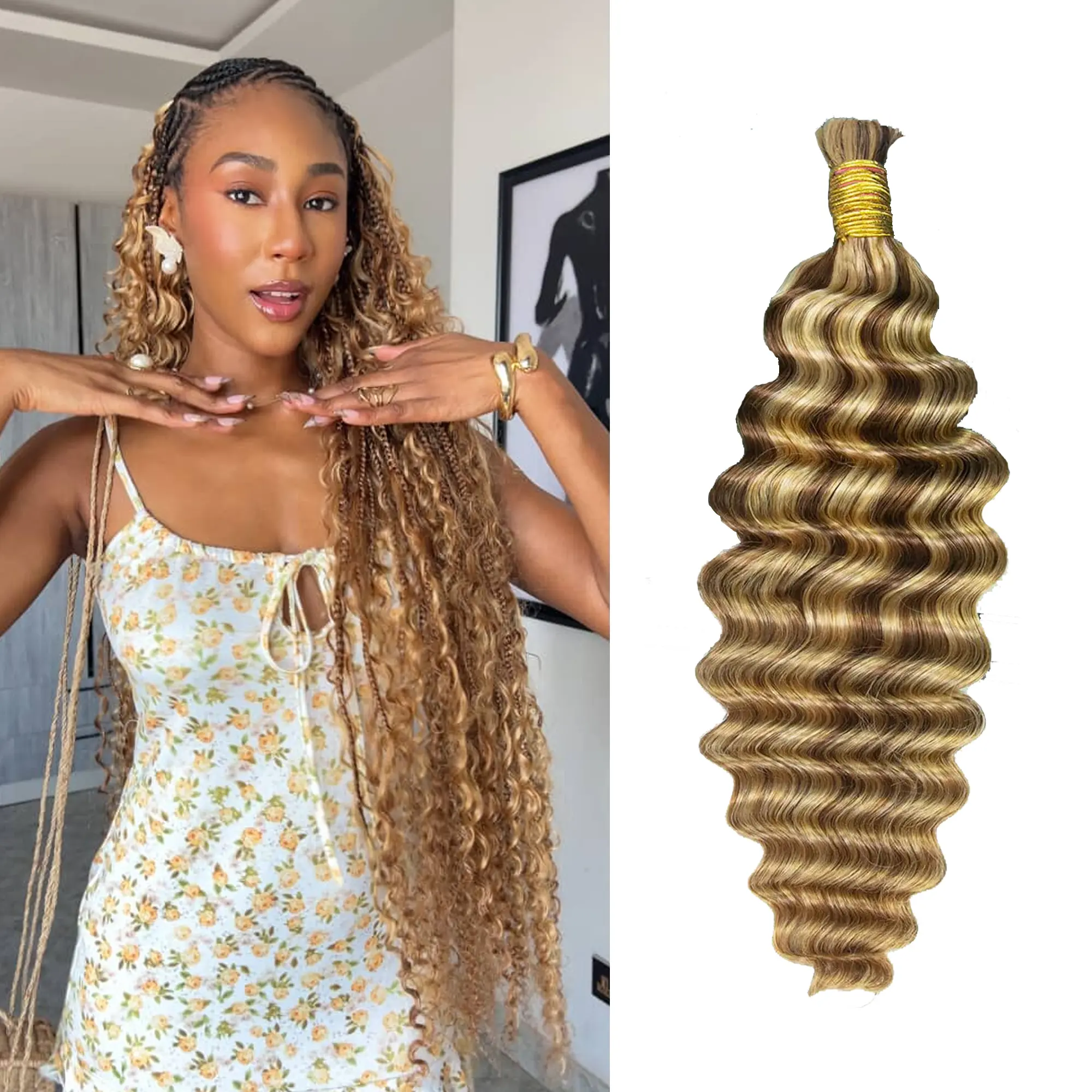 YWIGS Deep Wave Bulk Human Braiding Hair for Boho Braids Natural Human Hair for Boho #27/30/613, #4/27/30 30/613, #4/27/30 #backtoschool #backtoschoolshopping