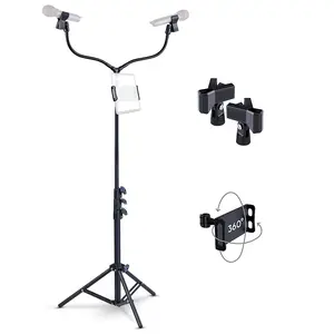MASINGO Double Microphone Stand for Duet Singing, Adjustable from 2.4ft to 6ft Inches High, Tripod Dual Mic Stands with 2 Bendable Arms, Phone and Tablet Holder, for Karaoke, Studio, Party, Stage, DJ