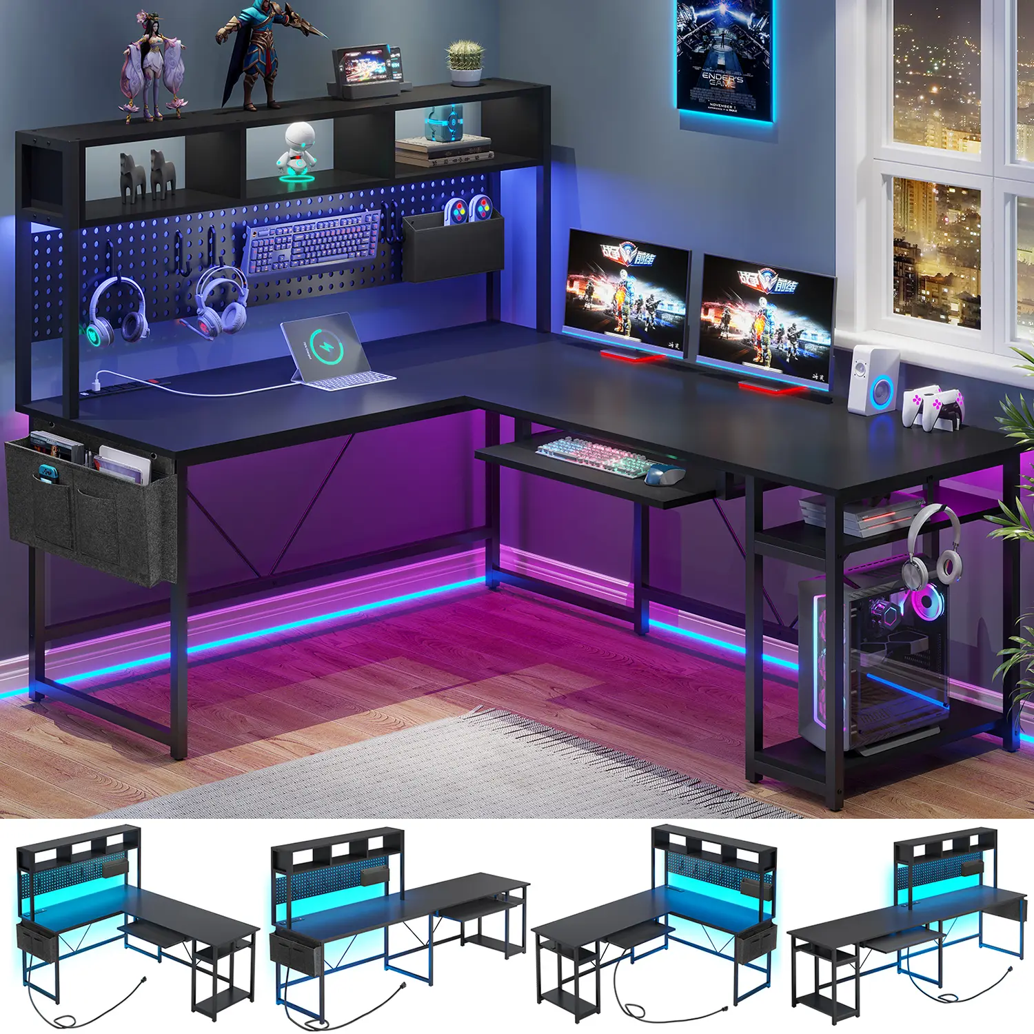 Sedeta Modern Reversible L-Shaped Corner Gaming Desk - Space-Saving Stable Composite Wood & Metal Office Furniture with Pegboard Back, Waterproof Top, Power Outlet, LED Lights, Keyboard Tray, Storage Pocket, Drawers, Large Design for Gamers, Corner Desk,,