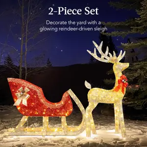 2-Piece Christmas Reindeer & Sleigh with LED Lights & Gold/Red Glitters for Indoor Outdoor Holiday Decor